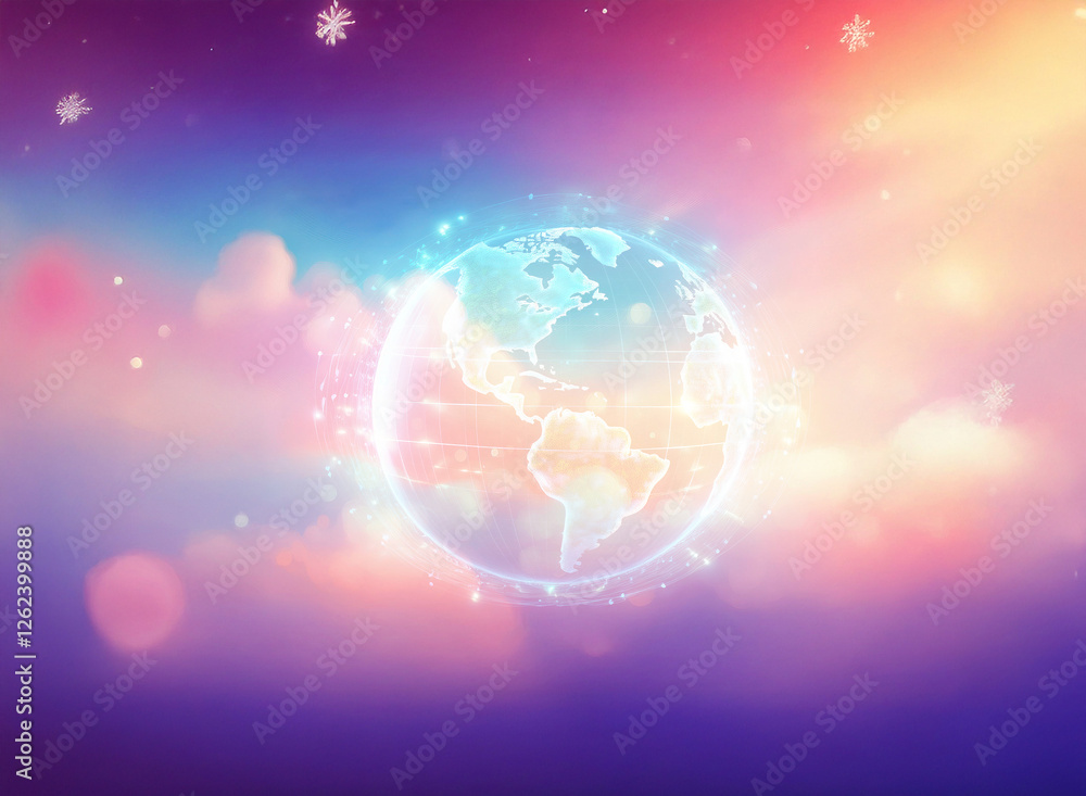 Aufkleber a double exposure image features a glowing globe subtly overlaid on a vibrant, colorful sky with sof