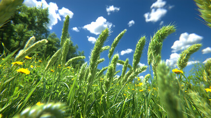 Green wheat field, sunny day, blue sky, wildflowers, nature background