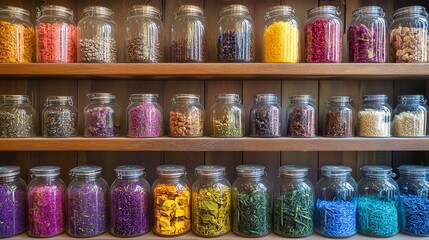A vibrant pharmacy shelf filled with colorful herbal teas and supplements. digital
