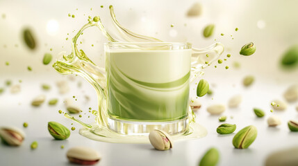 stylized composition of pistachio milk in glass, surrounded by splashes and scattered pistachios, creates refreshing and vibrant scene