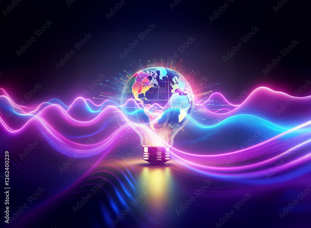Poster a double exposure image showing a globe inside a light bulb with colorful energy waves flowing aroun