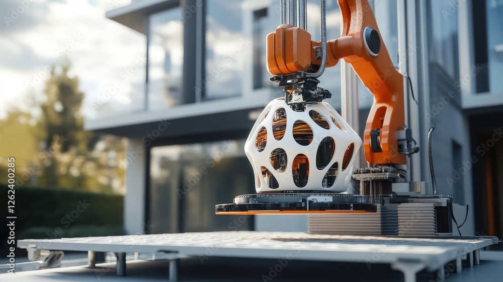 Poster a futuristic 3d printer printing an entire house, illustrating how 3d printing is changing construct