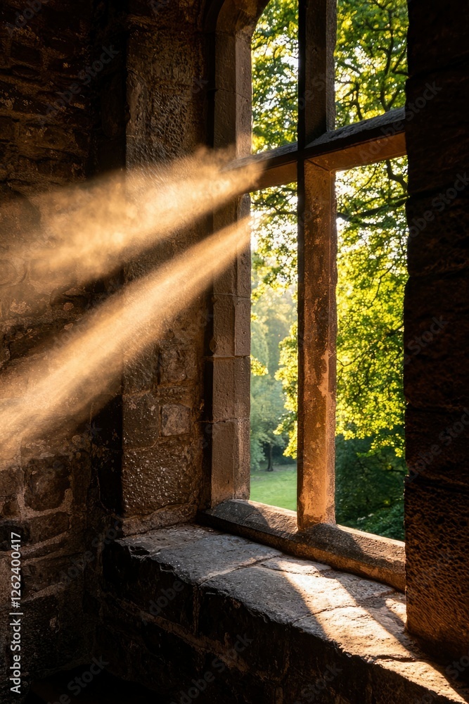 Poster light streams through window in old stone building with trees in background