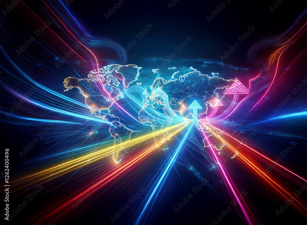 Poster vibrant double exposure image showcasing a world map illuminated by glowing lines and arrows, repres