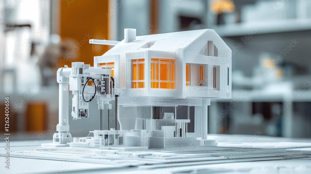 Poster a futuristic 3d printer printing an entire house, illustrating how 3d printing is changing construct