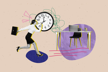 Exclusive art 3d creative image collage of happy businesswoman run work late regime time expire...