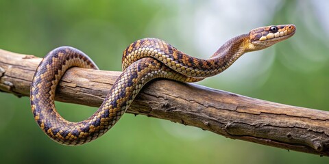 Obraz premium Colorful Snake Coiled on Branch in Natural Green Background