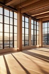Obraz premium Light beams into empty hardwood floor office with city views for commercial real estate