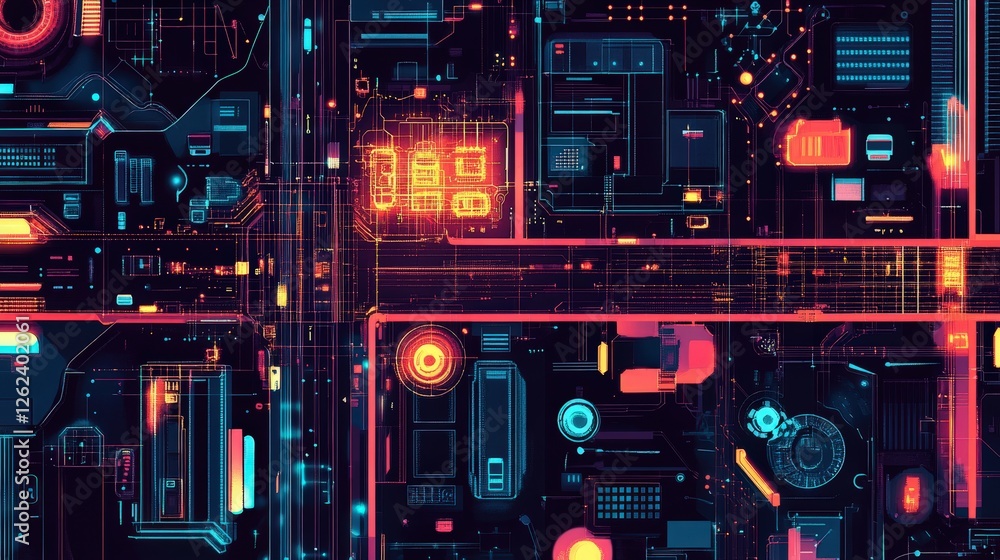 Poster a futuristic city map showing data collected from iot sensors, displaying traffic patterns, energy u