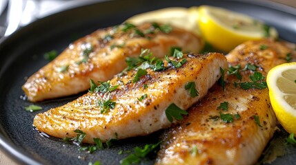 Taste the freshness of pan-seared trout with lemon and parsley, plated in a natural kitchen setting. digital