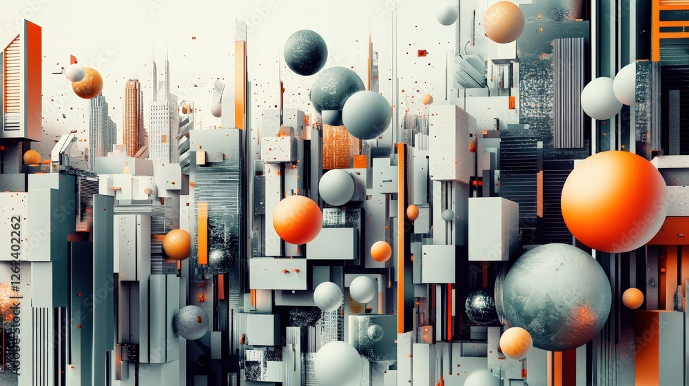 Poster geometric shapes, such as cubes, spheres, and cones, creating a harmonious blend of architecture and