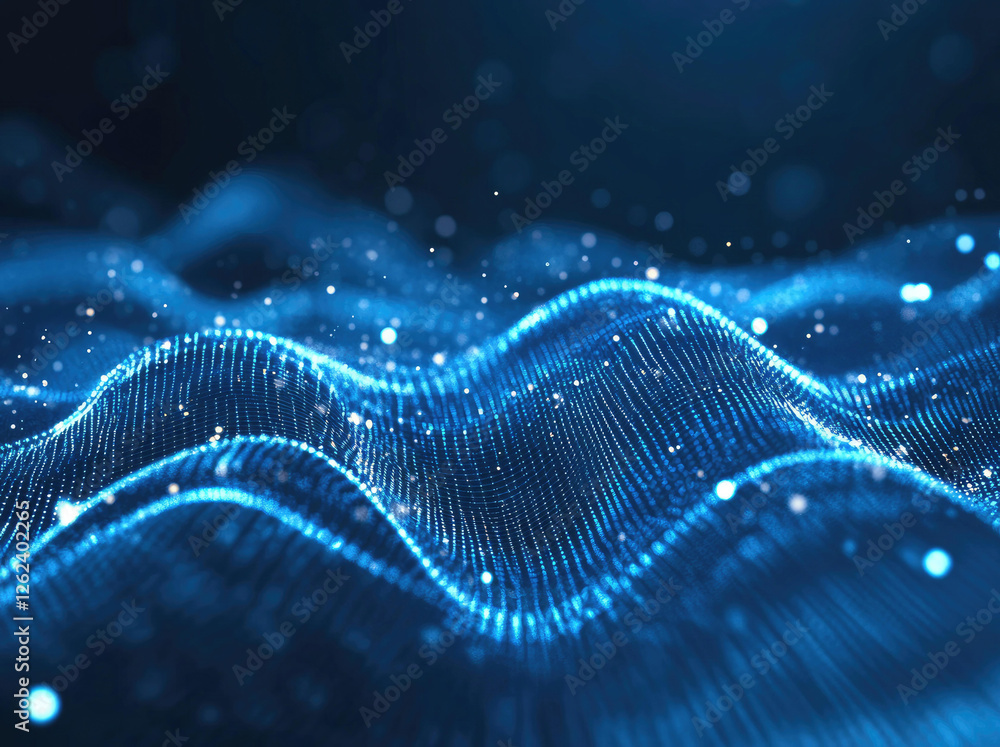 Poster abstract blue digital wave background with glowing particles and flowing data visualization