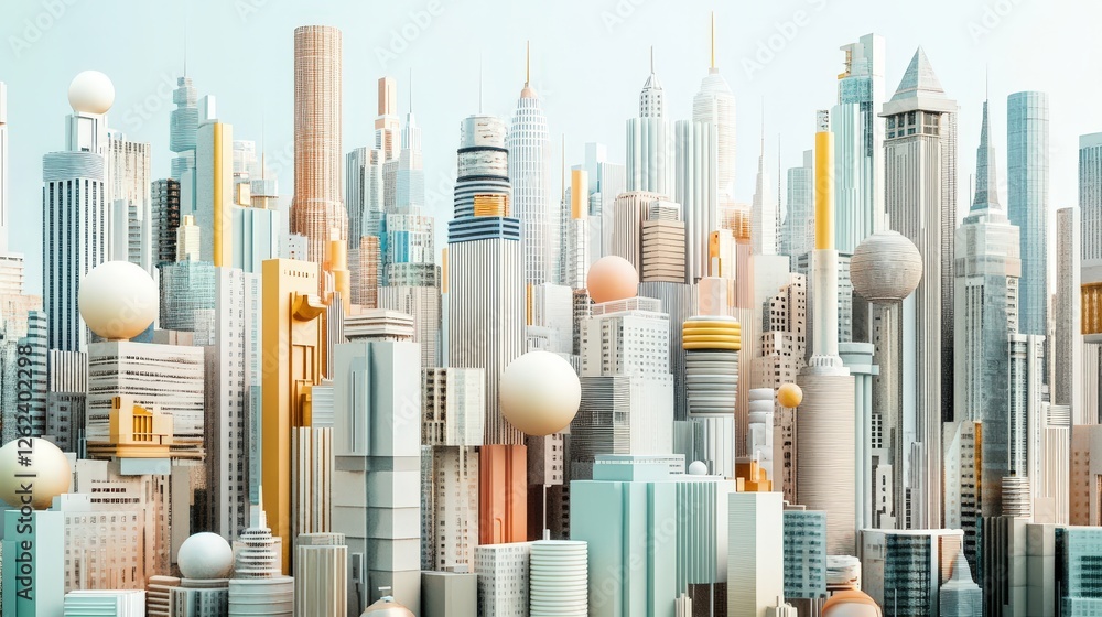 Poster geometric shapes, such as cubes, spheres, and cones, creating a harmonious blend of architecture and