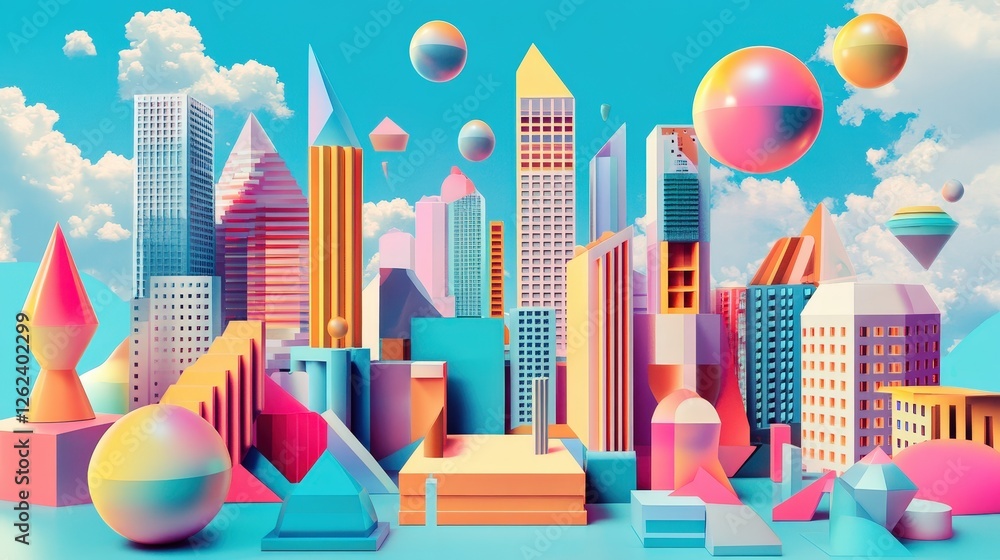 Aufkleber geometric shapes, such as cubes, spheres, and cones, creating a harmonious blend of architecture and