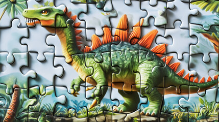 Prehistoric dinosaurs jigsaw puzzle game pieces. Cartoon vector educational worksheet engage preschool children to find matching shapes with dino animal species in tropical jungle forest landscape