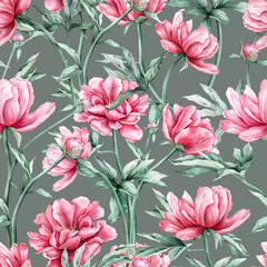 Seamless pattern with watercolor bouquet of pink peony flowers in full bloom. Hand drawn illustration beautiful floral flower. Repeat wallpaper with summer botanical plant on isolated.