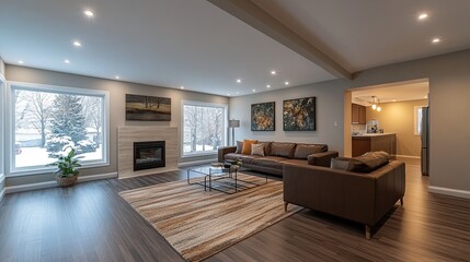 A sleek interior renovation showing a newly painted living room with modern decor. digital