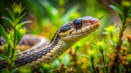 Obraz premium Close-Up of Colorful Snake Head Among Vibrant Green Plants