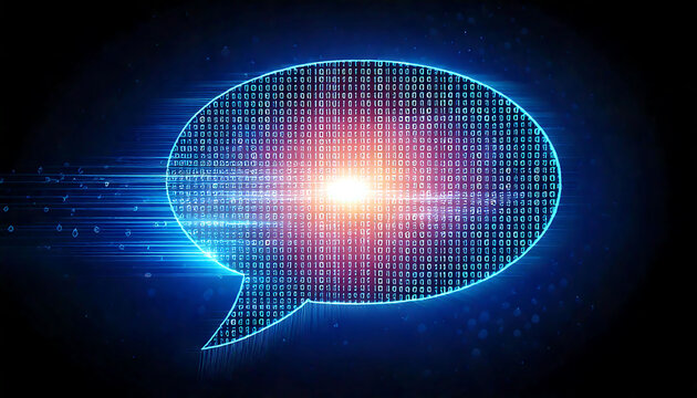 Digital data stream forming a speech bubble.  Futuristic concept ideal for tech, communication, or AI projects.  High-resolution image with vibrant blue and orange hues.
