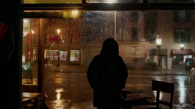 A cinematic still of a person in a black hoodie standing outside a coffee shop, a street view through the window, rain on the windows, nighttime, with a film grain effect.