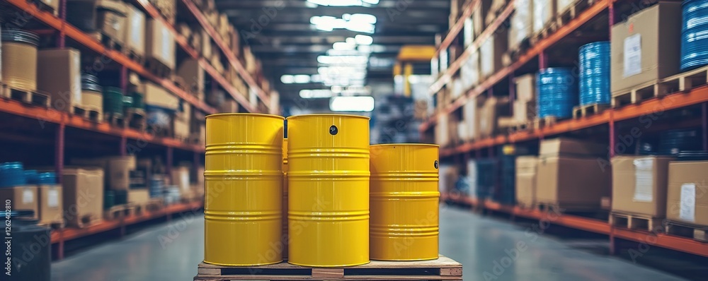 Poster warehouse inventory: yellow barrels stored on pallets in rows of shelves, efficient storage optimiza