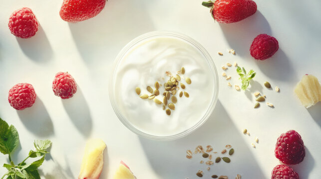 Creamy yogurt topped with seeds, surrounded by fresh strawberries and raspberries, creating vibrant and healthy breakfast scene