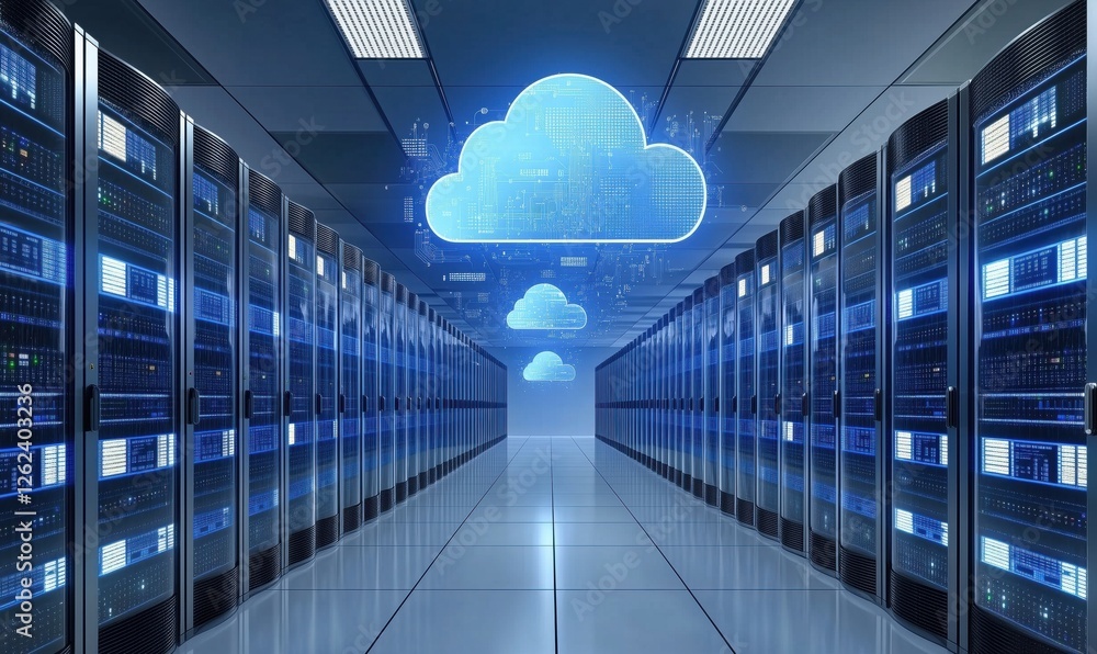 Poster data center with cloud computing technology and server racks in a modern facility