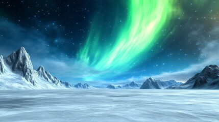 Aurora Borealis Over Snowy Mountain Range