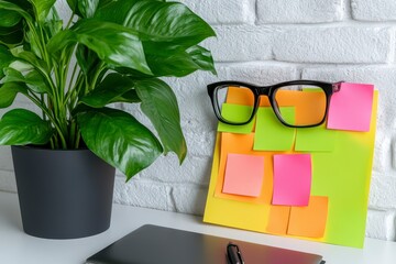 Colorful Sticky Notes and Eyeglasses on a White Brick Wall