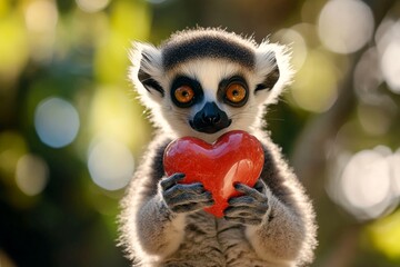 Fototapeta premium Cute lemur baby with diamond red heart on in a natural habitat. Digital ads animal idea. Lemur - my preferred animal. Love and care in nature. Heartfelt nature moment. Passion in the wild.