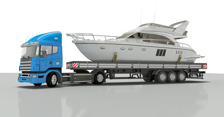 3d LKW mit Auflieger transportiert eine Yacht auf der Straße. Schwerlasttransport mit einer Privatyacht, freigestellt