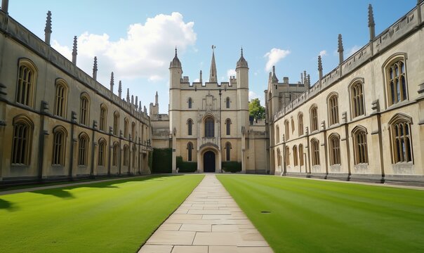 Historic university courtyard with stunning architecture and manicured lawns