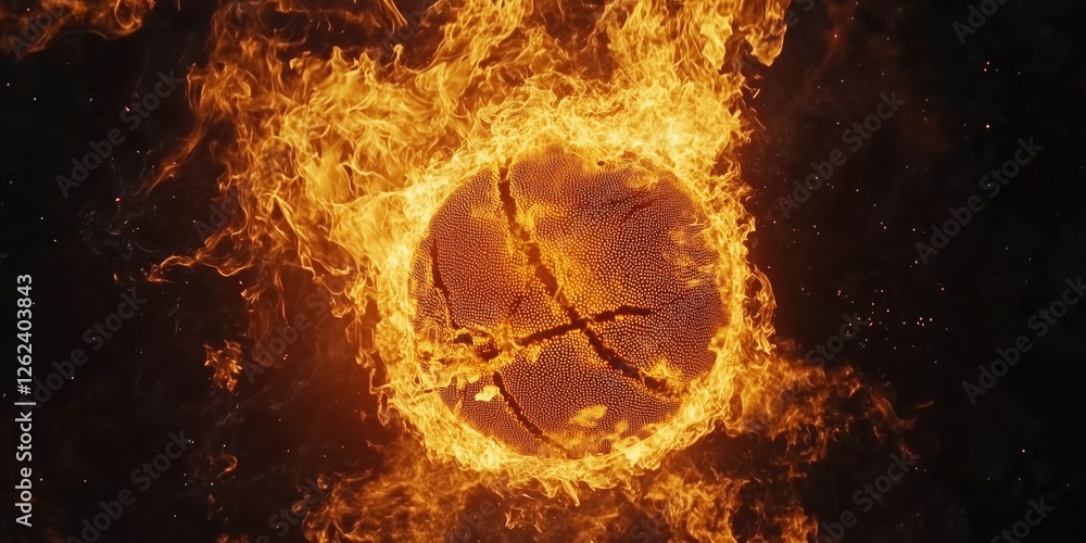 Poster fiery basketball engulfed in flames creating dynamic visual effect