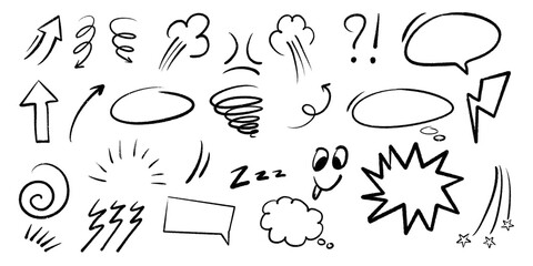 Сollection of black hand-drawn doodle grunge line elements, including curved charcoal and chalk arrows, speech bubbles, abstract shapes, and graphic effects designed to express character emotions