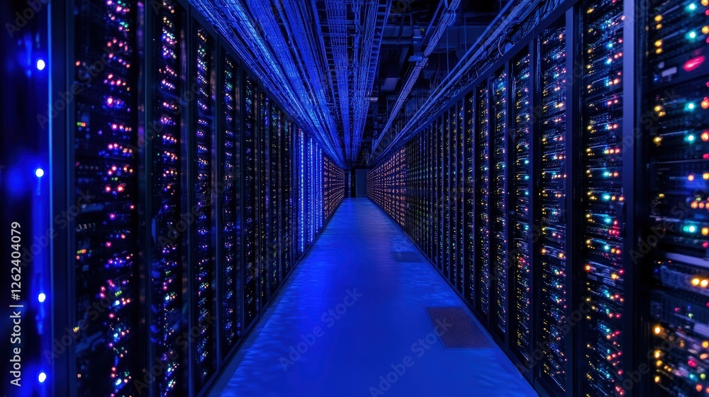 Poster a futuristic data center filled with rows of servers and blinking lights, processing massive amounts