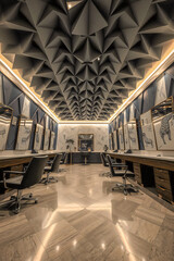 Obraz premium A modern salon interior with a geometric ceiling, integrated lighting, textured walls, large mirrors, sleek workstations, stylish chairs.neutral palette & ambient lighting create an elegant ambiance.