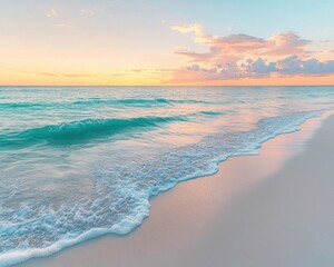 Serene pastel beach landscape at sunrise with soft ocean waves and golden sand, featuring a tranquil coastal seascape with gentle seafoam under a dreamy sky