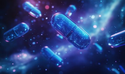 Futuristic glowing capsules floating in cosmic space with vibrant colors and stars