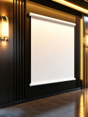 Modern interior with a blank projection screen on a sleek wall, ambient lighting enhancing the space