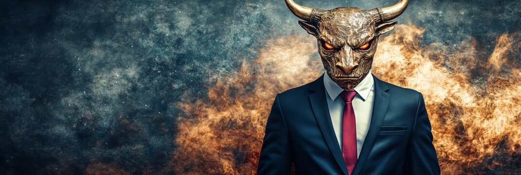 Portrait of a man with bull mask, business suit, engulfed in flames and smoke, dramatic setting