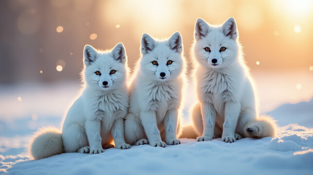 Three white foxes with glowing eyes in snowy landscape