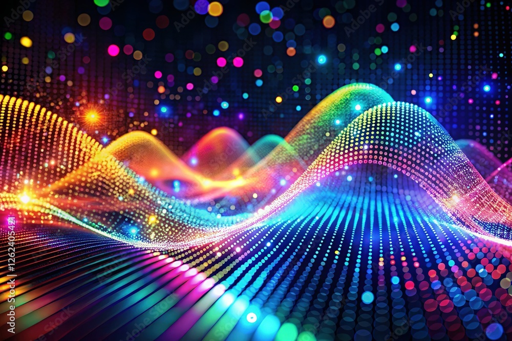 Poster futuristic colorful data wave: glowing pixelated lights & dynamic technology background