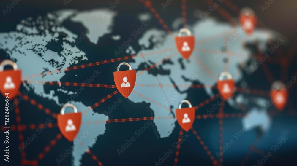 Poster a digital world map with security icons, representing global cybersecurity and interconnected networ