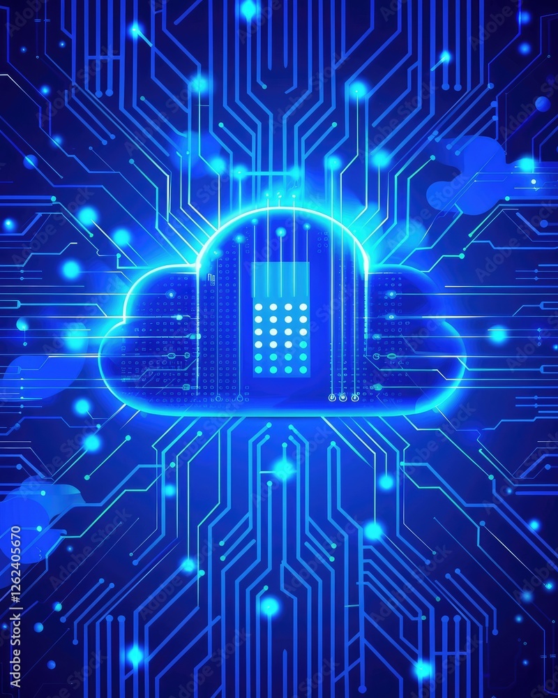 Poster a digital representation of a cloud with circuit patterns, symbolizing cloud computing and technolog