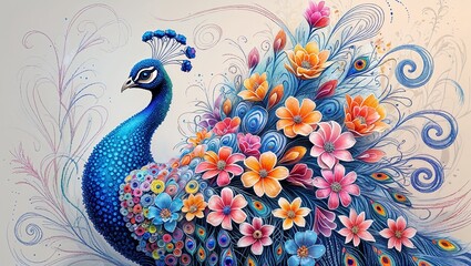 Blue Peacock with Colorful Floral Tail Feathers Artistic Rendering Detailed Design