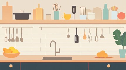 A minimalist kitchen with neatly organized utensils and a fruit bowl. digital