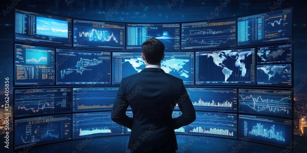 Poster business professional analyzing data on multiple screens in a high-tech environment