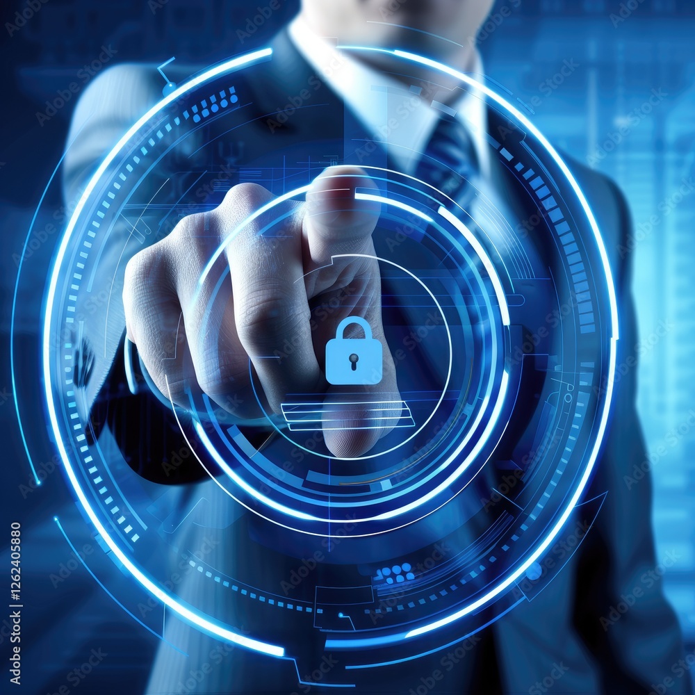 Poster a business professional interacts with a digital lock interface, symbolizing cybersecurity and data 