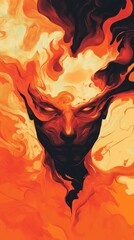 Fototapeta premium Fiery and intense face emerges from flames and shadows
