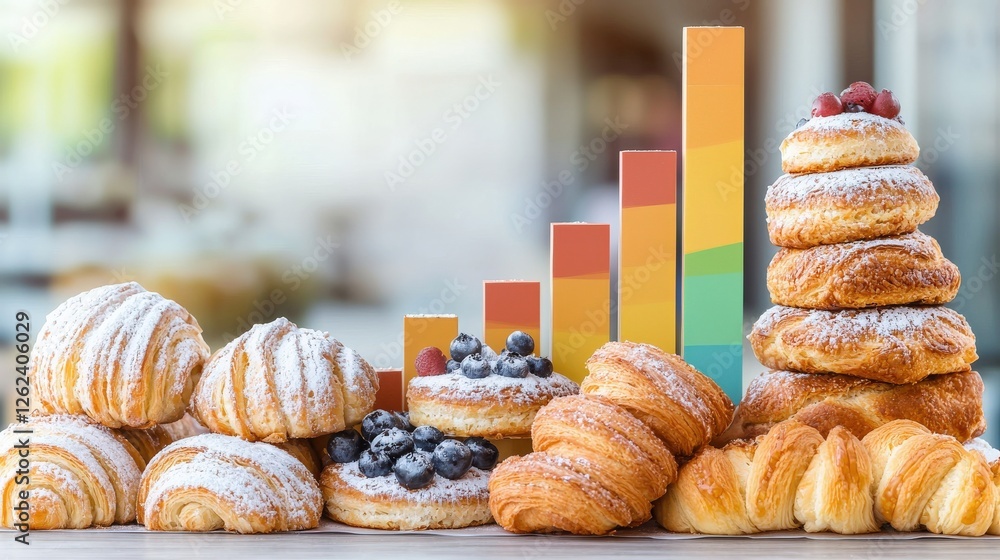 Poster a table full of pastries with a stacked bar chart of sales data.